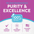 Infographic showing purity, excellence, 100% quality, GMP certified company, FDA registered facility, packaged in the USA.
