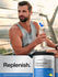 An adult man resting after a workout with a water bottle, next to a jar of Horbaach Electrolyte Powder.