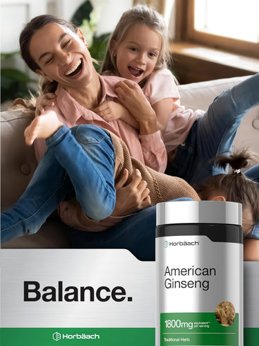 A mother and two young daughters laughing and playing on a couch, with a Horbäach American Ginseng bottle in the foreground.
