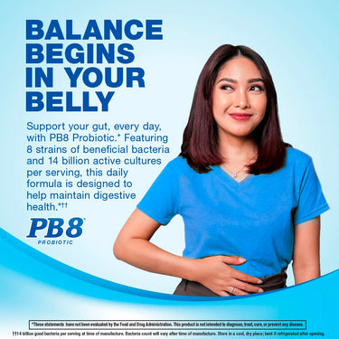 Young woman smiling and holding her belly beside text 'BALANCE BEGINS IN YOUR BELLY' and 'PB8 Probiotic'.