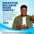 Young adult male smiles, gives thumbs up, and holds stomach, with text 'DIGESTIVE BALANCE MADE SIMPLE. PB8 Probiotic'.