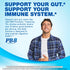 Young adult male smiling while holding his stomach, promoting PB8 Probiotic with visible text.