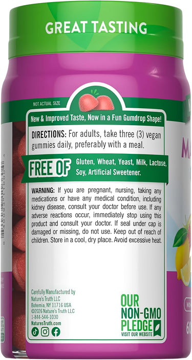 Magnesium 60 Gummies. Great tasting. Free of gluten, wheat, yeast, milk, lactose, soy, artificial sweeteners. Non-GMO.