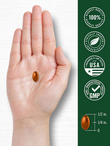 A hand holds an orange softgel capsule measuring 1/2 inch long and 1/4 inch wide.