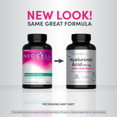 New NCL Hyaluronic Acid 125 mg 60 Vegan Capsules with updated packaging next to old, featuring text 'NEW LOOK! SAME GREAT FORMULA'.