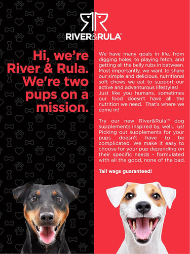 RIVER&RULA™ ad with two happy dogs, black & tan and white & brown, featuring text about dog supplements.