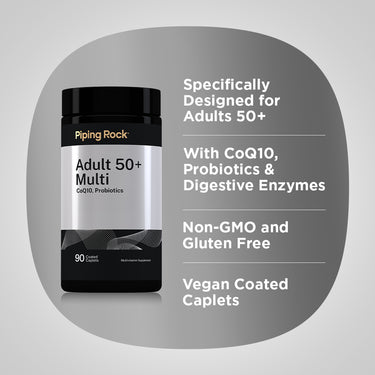 Product highlights graphic stating For Adults 50+, CoQ10, Probiotics, Digestive Enzymes, Non-GMO, Gluten Free, Vegan Coated Caplets.