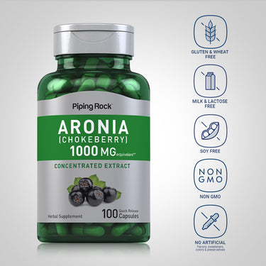 Aronia bottle with icons indicating Gluten & Wheat Free, Milk & Lactose Free, Soy Free, Non GMO, No Artificial Additives.