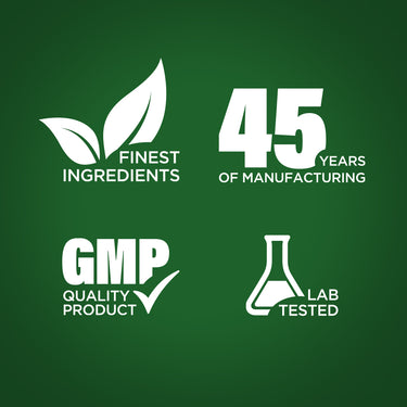 Infographic showing finest ingredients, 45 years of manufacturing, GMP quality product, lab tested for excellence.