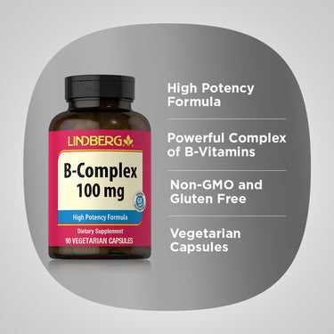 Product highlights graphic stating High Potency Formula, Powerful Complex of B-Vitamins, Non-GMO and Gluten Free, Vegetarian Capsules