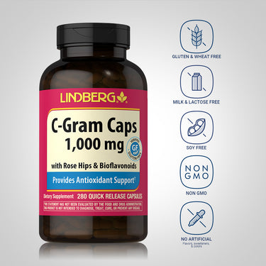 C-Gram 1000 mg with Rose Hips & Bioflavonoids, 280 Quick Release Capsules