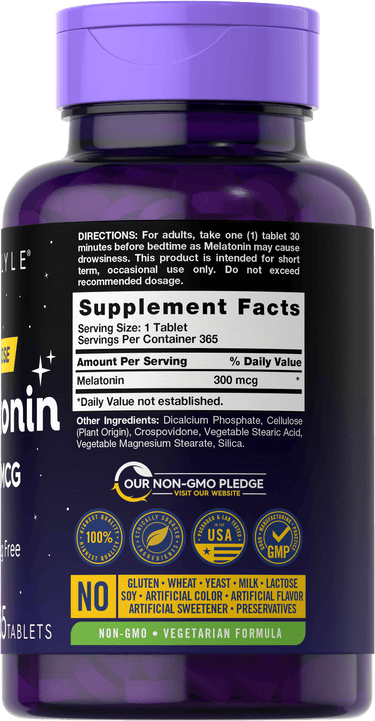 Back label / Supplement Facts for Carlyle Melatonin 300 mcg tablets, showing directions, other ingredients, Non-GMO pledge, quality badges, and dietary attributes