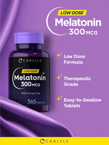 Graphic stating LOW DOSE Melatonin 300MCG, Low Dose Formula, Therapeutic Grade, Easy-to-Swallow Tablets