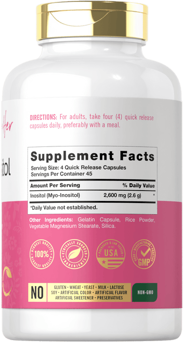 Back label / Supplement Facts showing Inositol (Myo-Inositol) 2,600 mg per serving, directions, other ingredients, quality badges, and dietary attribute icons.