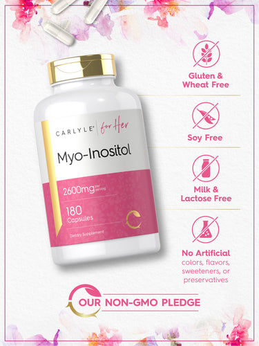 Carlyle for Her Myo-Inositol bottle with icons indicating Gluten & Wheat Free, Soy Free, Milk & Lactose Free, No Artificial colors, flavors, sweeteners, or preservatives, and Our Non-GMO Pledge.