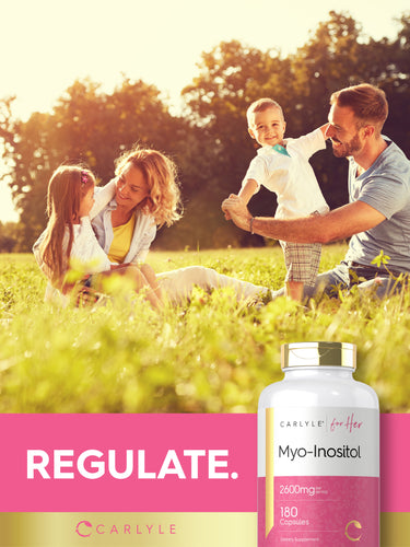 Lifestyle image of family playing together outdoors with Carlyle for Her Myo-Inositol 2,600 mg bottle, 180 capsules, and graphic stating REGULATE.