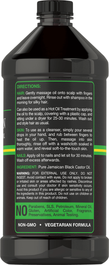 Back label with directions, ingredient, warning, and formula information for Pure Jamaican Black Castor Oil.