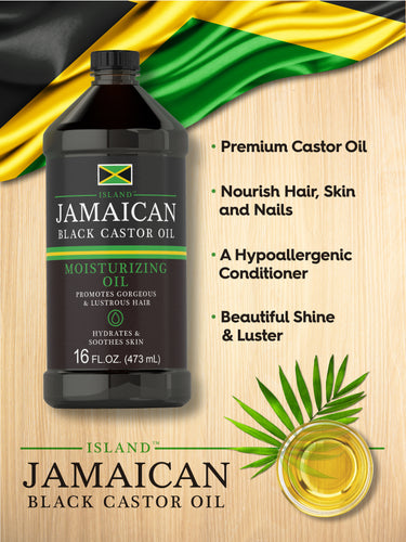 Graphic stating Premium Castor Oil, Nourish Hair, Skin and Nails, A Hypoallergenic Conditioner, Beautiful Shine & Luster, with Island Jamaican Black Castor Oil bottle and Jamaican flag.