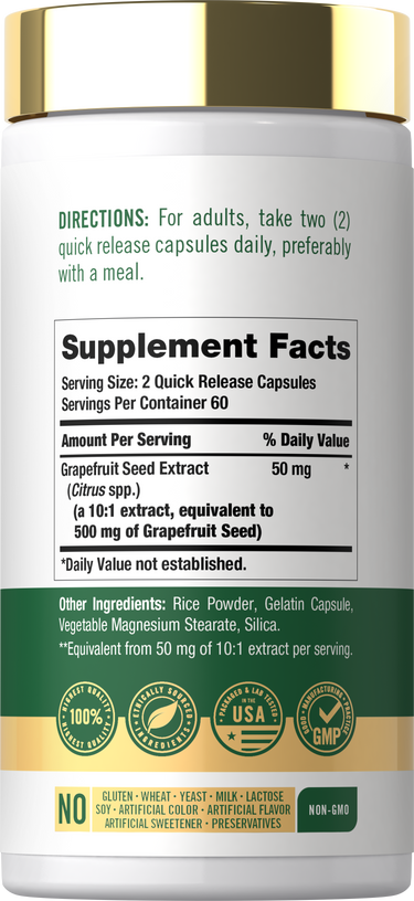 Supplement Facts showing directions, serving size, Grapefruit Seed Extract 50 mg, other ingredients, quality badges, and dietary attribute icon