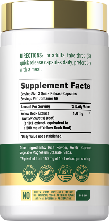 Back label / Supplement Facts for Yellow Dock Extract, showing directions, other ingredients, and dietary attribute and quality icons.