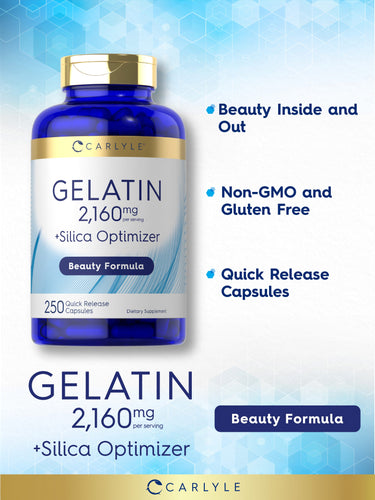 graphic stating Gelatin 2,160 mg per serving +Silica Optimizer, Beauty Formula, Beauty Inside and Out, Non-GMO and Gluten Free