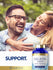 Lifestyle image of smiling couple outdoors with Gelatin 2,160 mg +Silica Optimizer Beauty Formula bottle and graphic stating SUPPORT.