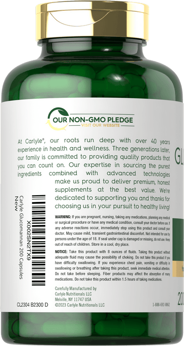 Back bottle label for Glucomannan Quick Release Capsules, featuring Carlyle's Our Non-GMO Pledge, company information, and product warnings.