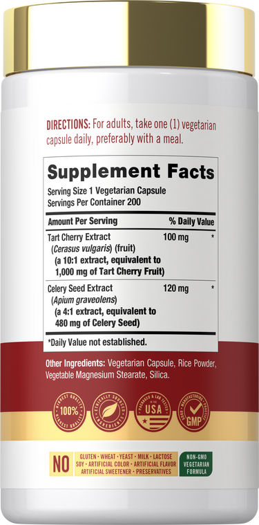 Back label / Supplement Facts for Tart Cherry Extract with Celery Seed vegetarian capsules.