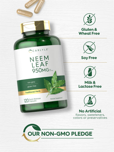 Neem Leaf bottle with icons indicating Gluten/Wheat Free, Soy/Milk/Lactose Free, No Artificial Flavors/Sweeteners/Colors/Preservatives, Non-GMO.