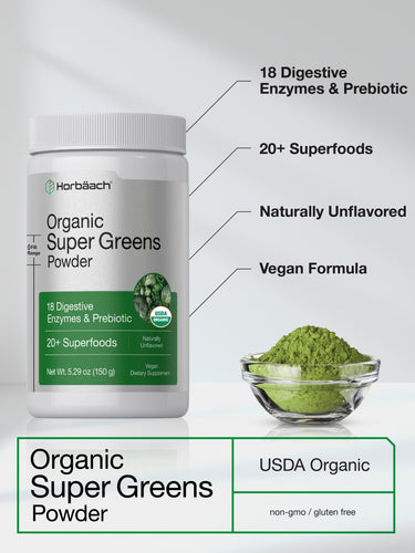 Graphic showing Horbäach Organic Super Greens Powder with green powder, stating 18 Digestive Enzymes & Prebiotic, 20+ Superfoods, Naturally Unflavored, Vegan Formula, USDA Organic, non-gmo / gluten free