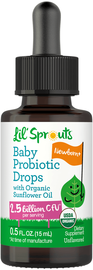 Lil' Sprouts Baby Probiotic Drops with Organic Sunflower Oil, 2.5 billion CFU, Unflavored, 0.5 FL OZ (15 mL), for Newborns+.