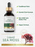 Graphic showing Carlyle Liquid Sea Moss with callouts stating Traditional Herb, Alcohol Free Formula, Non-GMO and Gluten Free, Vegan Formula, and Finest Quality 100%