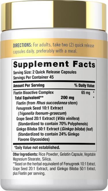 Back label / Supplement Facts showing directions, serving size, ingredients, and Fisetin Bioactive Complex amounts.