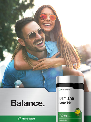 Lifestyle image of smiling couple outdoors with Damiana Leaves bottle and graphic stating Balance.