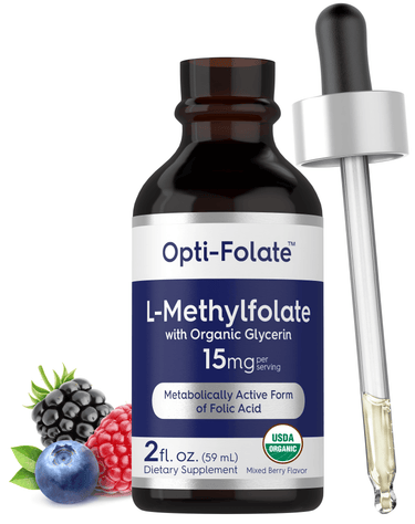 Front bottle shot of Opti-Folate L-Methylfolate with Organic Glycerin, 15 mg per serving, 2 fl. oz. (59 mL), Mixed Berry Flavor, with dropper and berries.