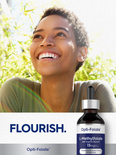Lifestyle image of smiling woman outdoors with Opti-Folate L-Methylfolate bottle and graphic stating FLOURISH.