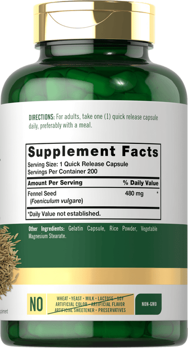 Back label / Supplement Facts for Fennel Seed, showing 480 mg per serving, 200 servings per container