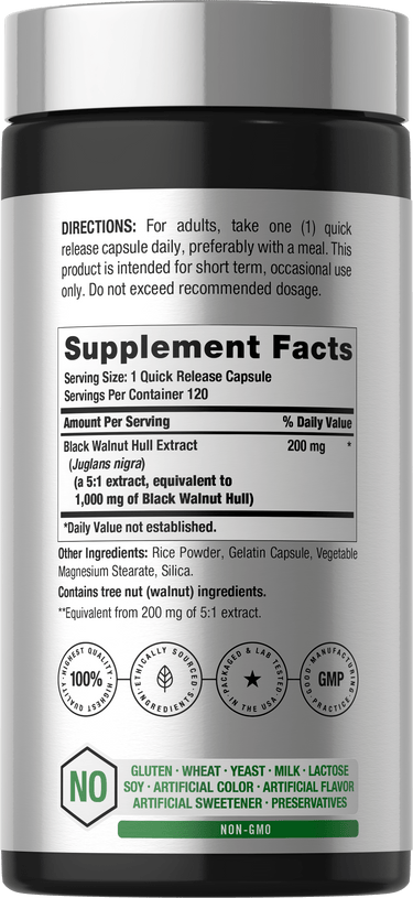 Back label / Supplement Facts showing directions, Black Walnut Hull Extract 200 mg, other ingredients, and dietary attribute icons.