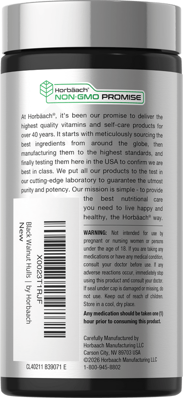 Back bottle shot with Horbaach Non-GMO Promise, product quality statement, warning, Black Walnut Hull label, barcode, and manufacturer information