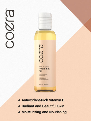Graphic stating Antioxidant-Rich Vitamin E, Radiant and Beautiful Skin, Moisturizing and Nourishing, with Coera 100% Pure Oil Vitamin E Oil bottle.