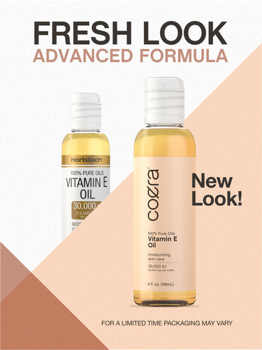 Graphic stating FRESH LOOK ADVANCED FORMULA, New Look! with old Horbaach Vitamin E Oil and new Coera Vitamin E Oil packaging. FOR A LIMITED TIME PACKAGING MAY VARY.