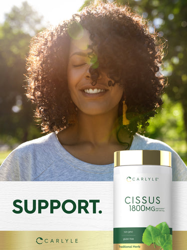 Lifestyle image of smiling adult outdoors with Cissus bottle and graphic stating SUPPORT.