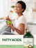 Lifestyle image of adult eating a salad with Carlyle Virgin Macadamia Nut Oil bottle and graphic stating FATTY ACIDS.