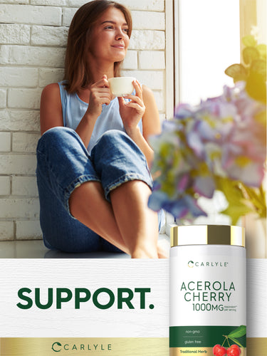 Lifestyle image of woman holding a cup by a window with Carlyle Acerola Cherry 1000MG bottle nearby and graphic stating SUPPORT.