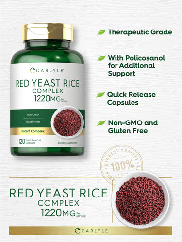 Graphic stating Therapeutic Grade, With Policosanol for Additional Support, Quick Release Capsules, Non-GMO and Gluten Free