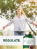Lifestyle image of a smiling woman outdoors with Red Yeast Rice Complex 1220MG bottle and graphic stating REGULATE.