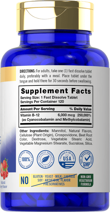 Back label / Supplement Facts for Vitamin B-12, showing 6,000 mcg per serving, 120 servings per container