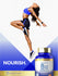 Lifestyle image of adult jumping in athletic wear with Carlyle Sublingual B12 6000MCG bottle and graphic stating NOURISH.