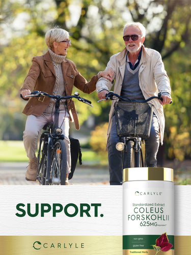 Lifestyle image of older adults riding bicycles outdoors with Carlyle Coleus Forskohlii 625MG bottle and graphic stating SUPPORT.