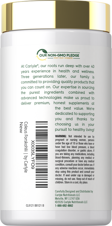 Back label for Carlyle Forskolin with Our Non-GMO Pledge, product information, directions, warning, barcode, and manufacturer information